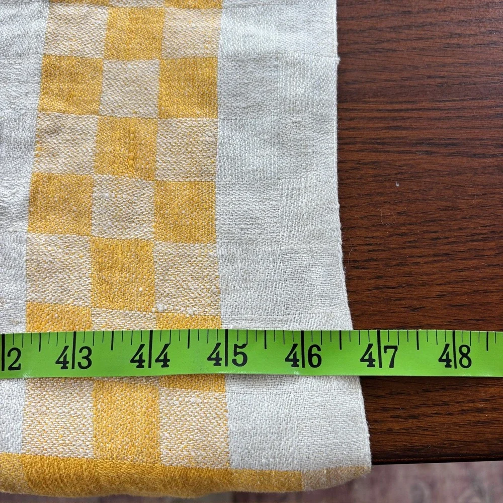 Vintage Yellow Checkered Linen Tablecloth and 4 Napkins Set Farmhouse 47x47